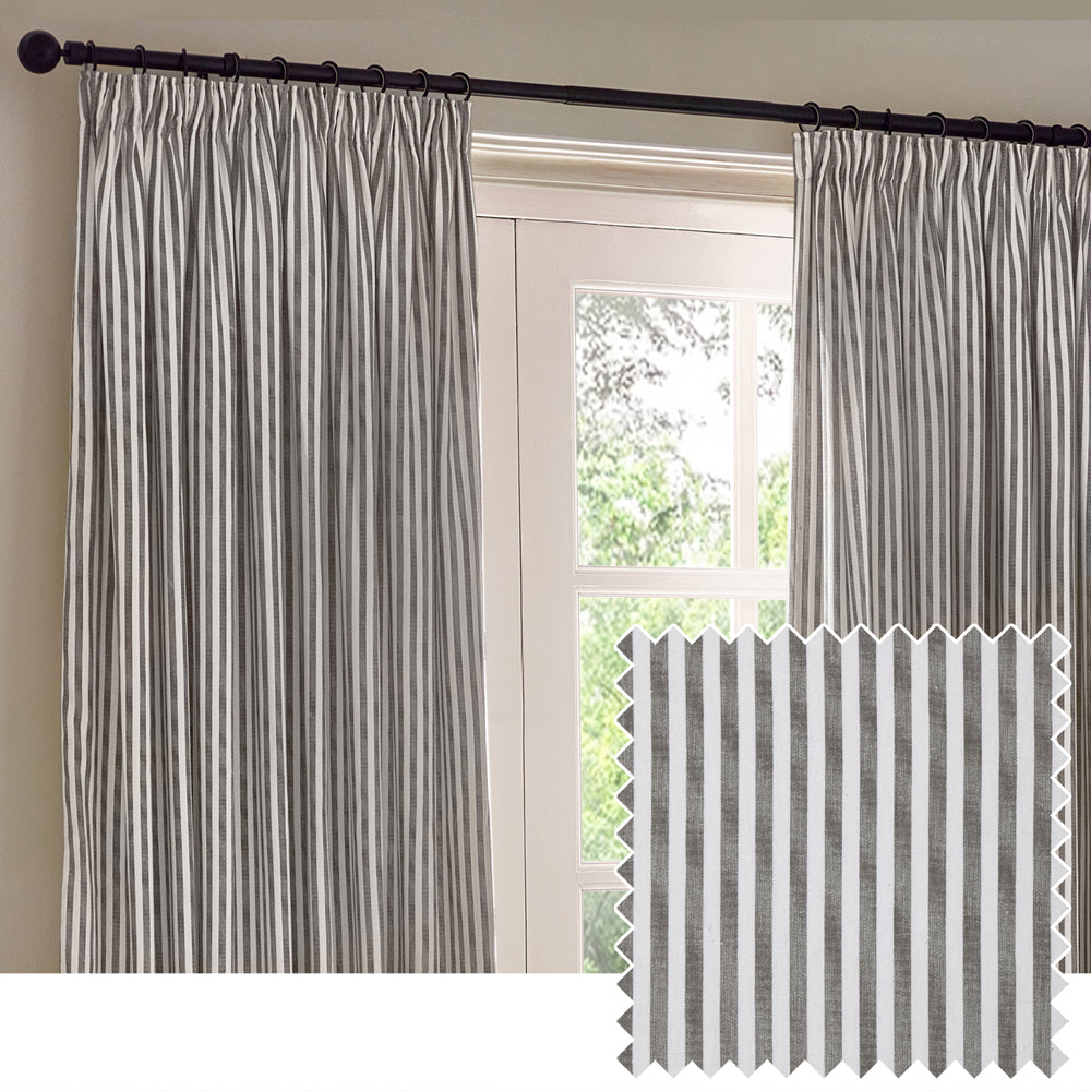 Hebden Striped 100% Cotton Lined Pencil Pleat Curtains Grey