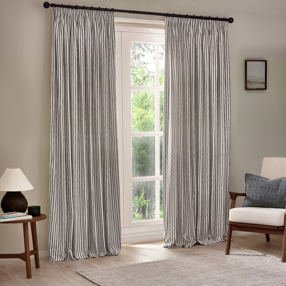 Striped Grey Curtains - Hebden Striped 100% Cotton Lined Pencil Pleat Curtains Grey Yard