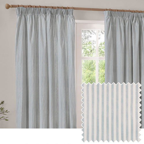 Striped Blue Curtains - Hebden Striped 100% Cotton Lined Pencil Pleat Curtains Mineral Blue Yard