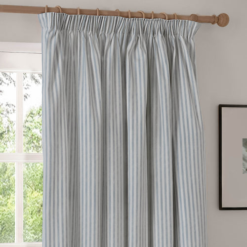 Hebden Striped 100% Cotton Lined Pencil Pleat Curtains Mineral Blue