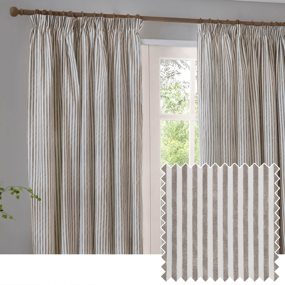 Hebden Striped 100% Cotton Lined Pencil Pleat Curtains Mole