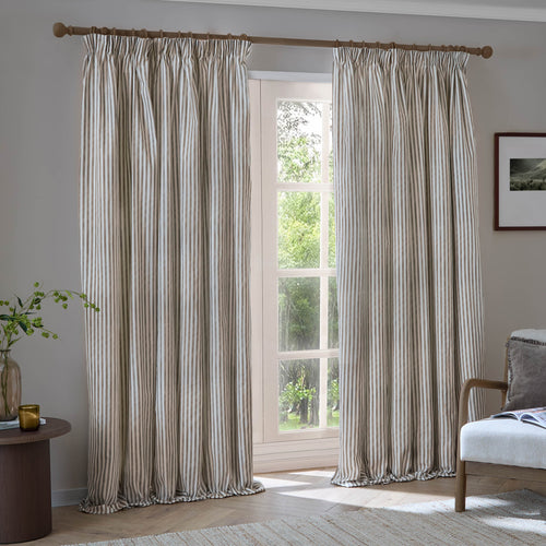 Hebden Striped 100% Cotton Lined Pencil Pleat Curtains Mole