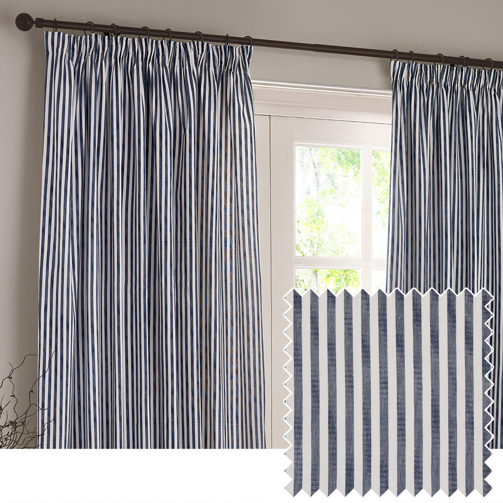 Hebden Striped 100% Cotton Lined Pencil Pleat Curtains Navy