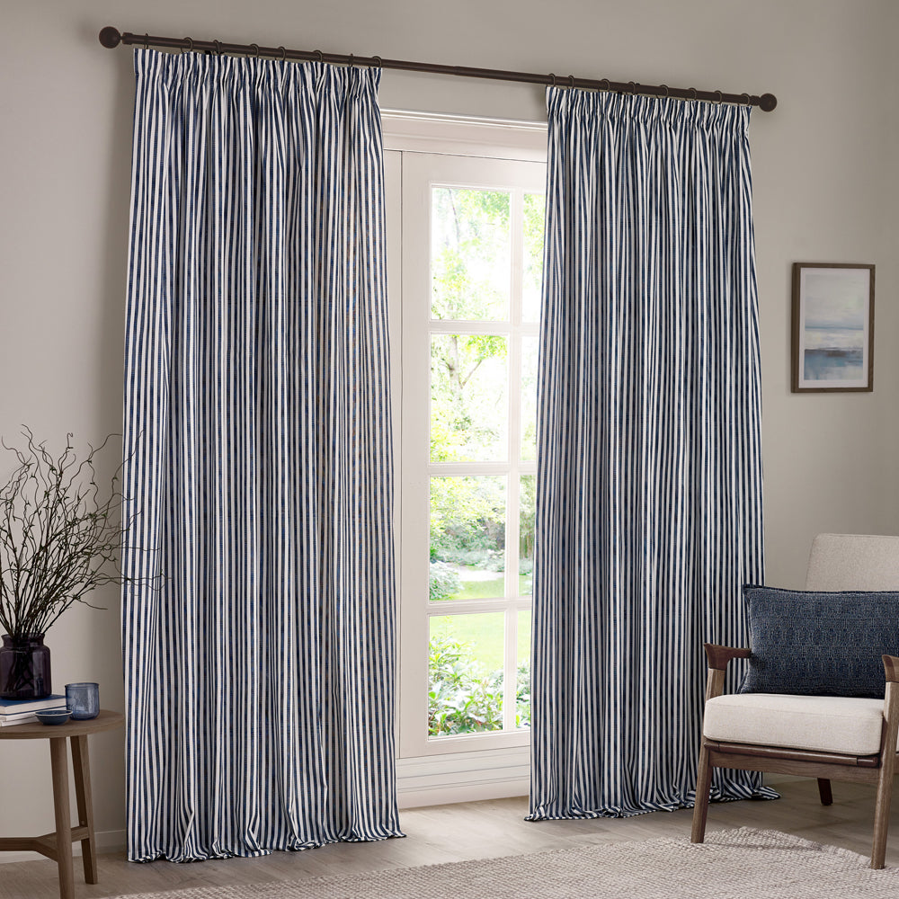 Striped Blue Curtains - Hebden Striped 100% Cotton Lined Pencil Pleat Curtains Navy Yard