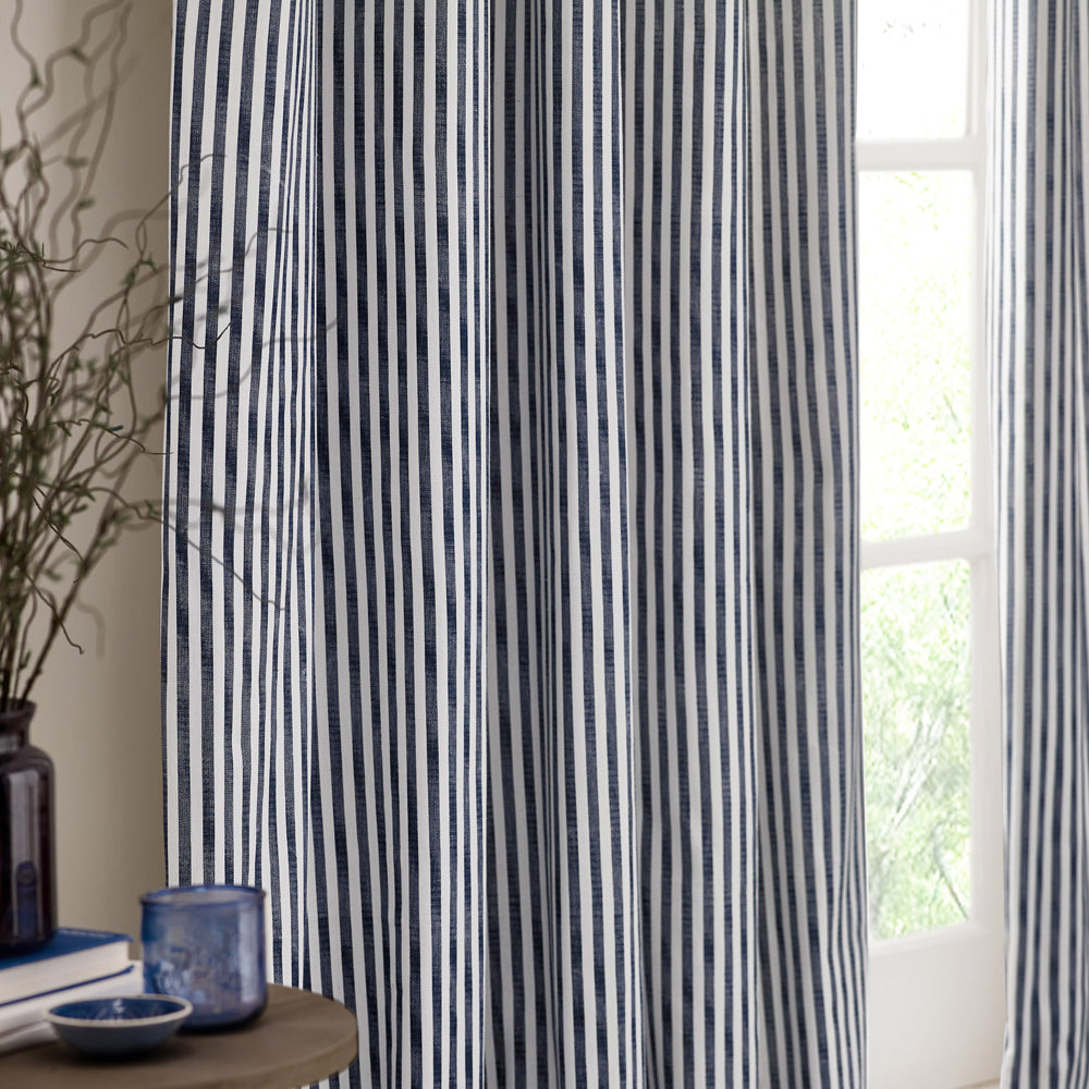 Hebden Striped 100% Cotton Lined Pencil Pleat Curtains Navy