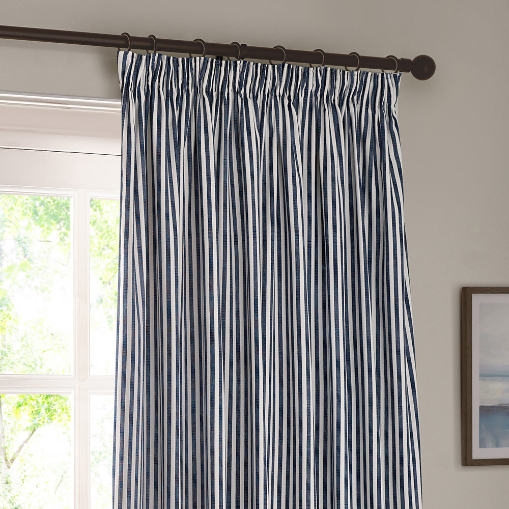 Hebden Striped 100% Cotton Lined Pencil Pleat Curtains Navy