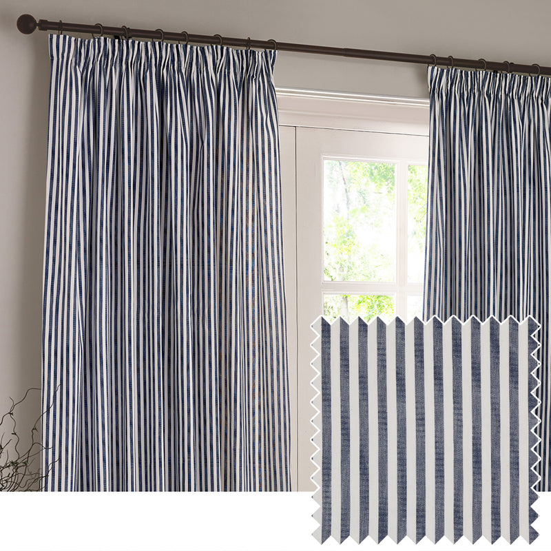 Striped Blue Curtains - Hebden Striped 100% Cotton Lined Pencil Pleat Curtains Navy Yard
