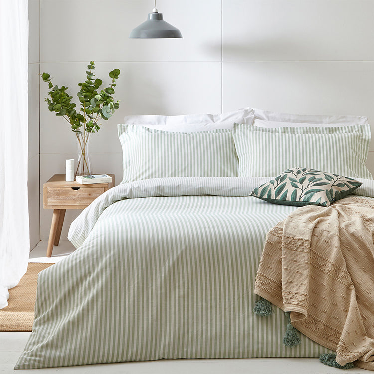 Hebden Green Mélange Stripe 100 Cotton Duvet Cover Set Eucalyptus Bedding Yard