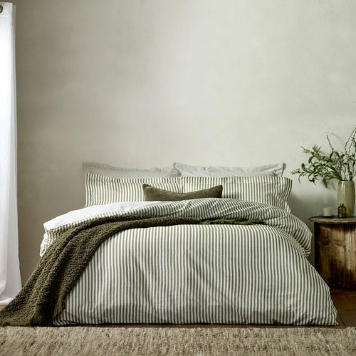 Striped Green Bedding - Hebden Mélange Stripe Cotton Duvet Cover Set Olive Yard