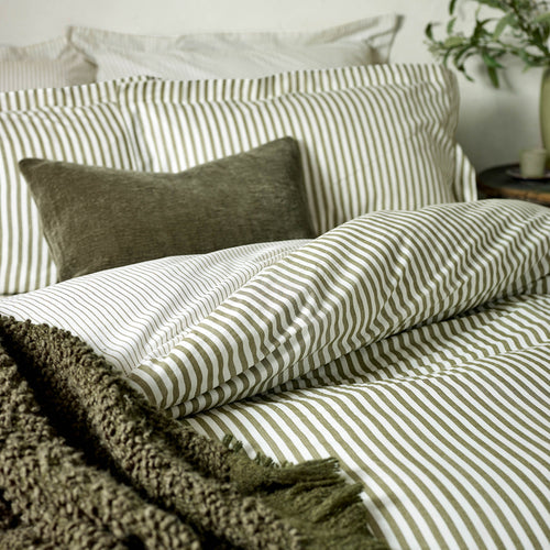 Striped Green Bedding - Hebden Mélange Stripe Cotton Duvet Cover Set Olive Yard