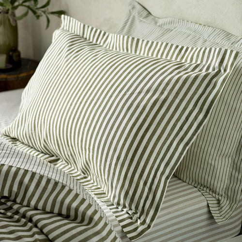 Striped Green Bedding - Hebden Mélange Stripe Cotton Duvet Cover Set Olive Yard