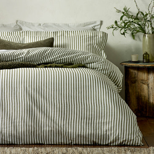 Striped Green Bedding - Hebden Mélange Stripe Cotton Duvet Cover Set Olive Yard