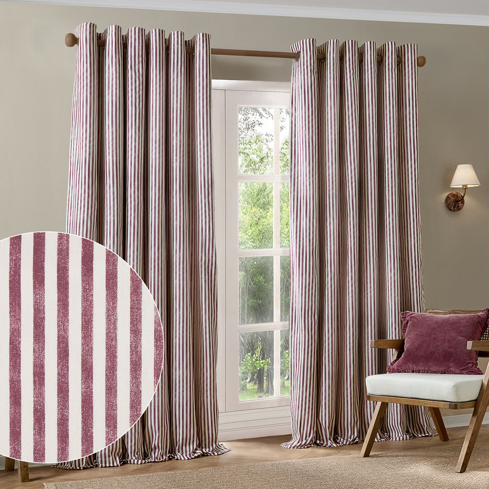 Hebden Striped 100% Cotton Lined Eyelet Curtains Beetroot