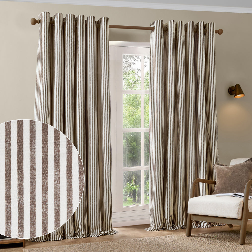 Hebden Striped 100% Cotton Lined Eyelet Curtains Chocolate
