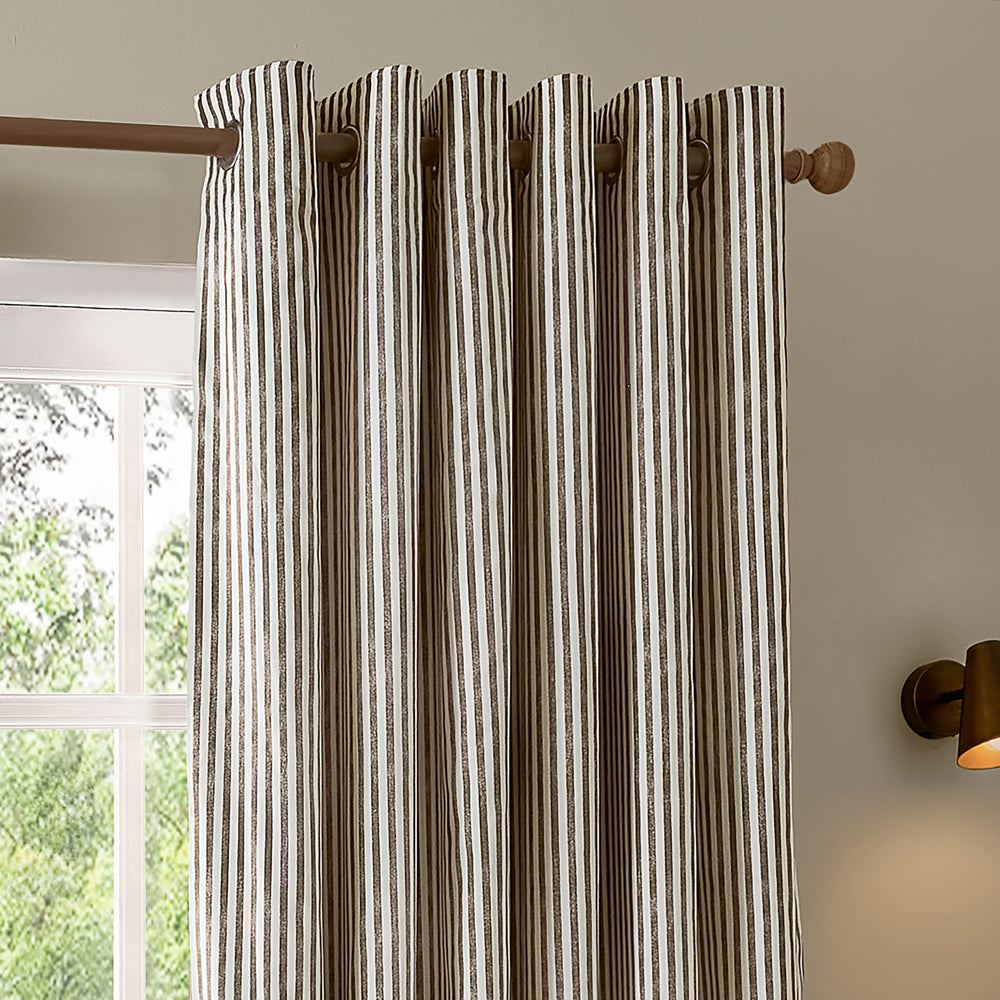 Hebden Striped 100% Cotton Lined Eyelet Curtains Chocolate