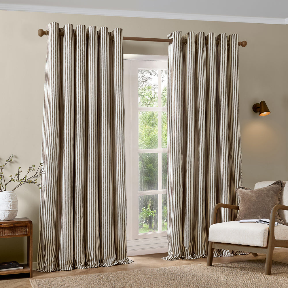 Hebden Striped 100% Cotton Lined Eyelet Curtains Chocolate