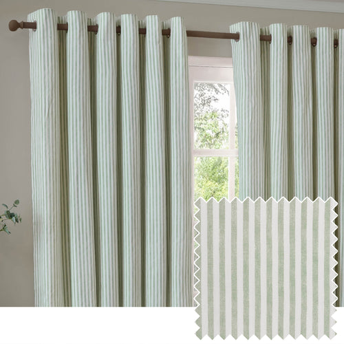 Hebden Striped 100% Cotton Lined Eyelet Curtains Eucalyptus