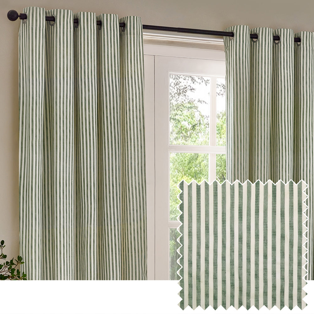 Hebden Striped 100% Cotton Lined Eyelet Curtains Forest Green