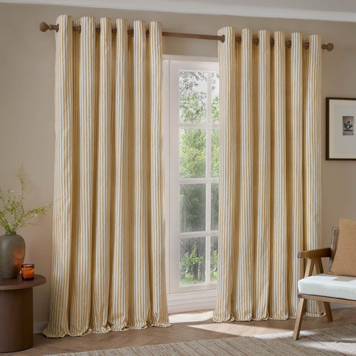 Hebden Striped 100% Cotton Lined Eyelet Curtains Honey Yellow