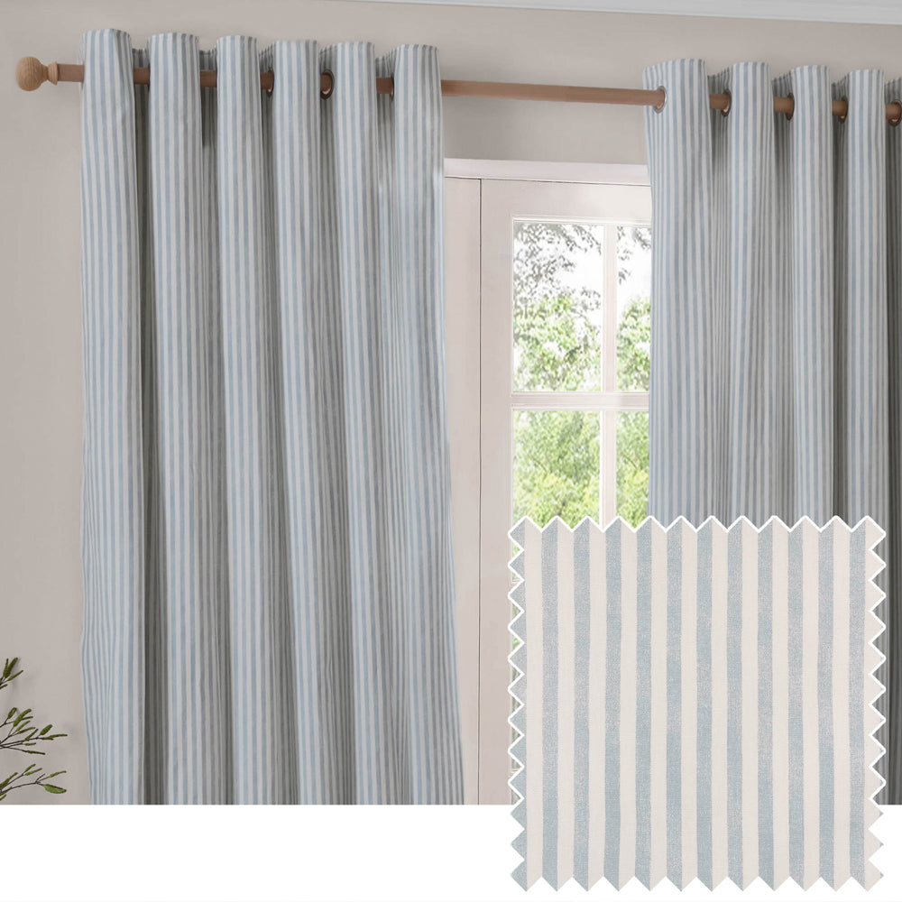 Hebden Striped 100% Cotton Lined Eyelet Curtains Mineral Blue