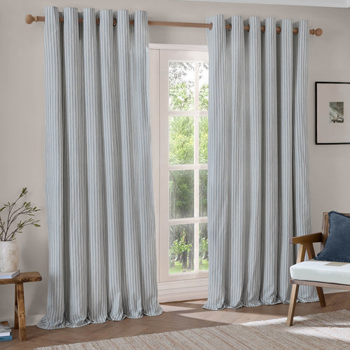 Hebden Striped 100% Cotton Lined Eyelet Curtains Mineral Blue