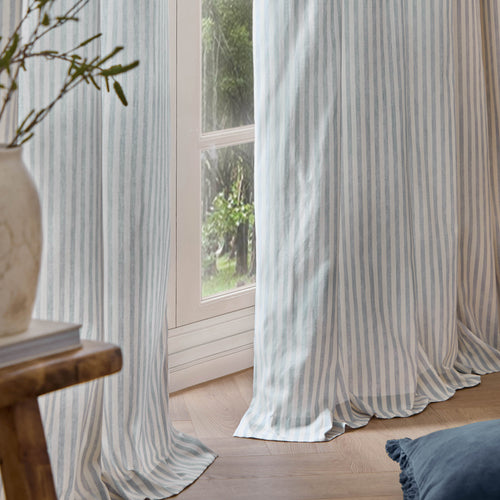 Hebden Striped 100% Cotton Lined Eyelet Curtains Mineral Blue