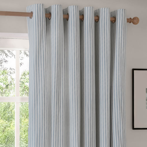 Hebden Striped 100% Cotton Lined Eyelet Curtains Mineral Blue