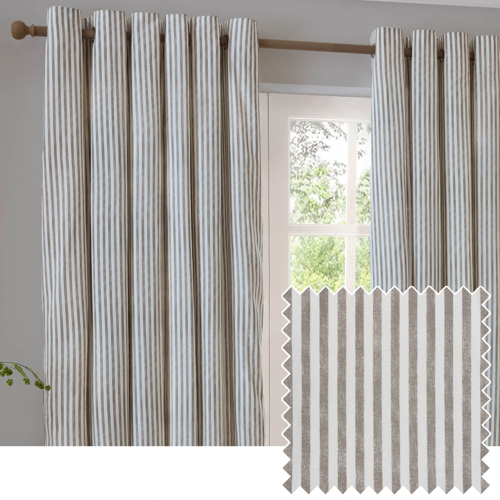 Hebden Striped 100% Cotton Lined Eyelet Curtains Mole