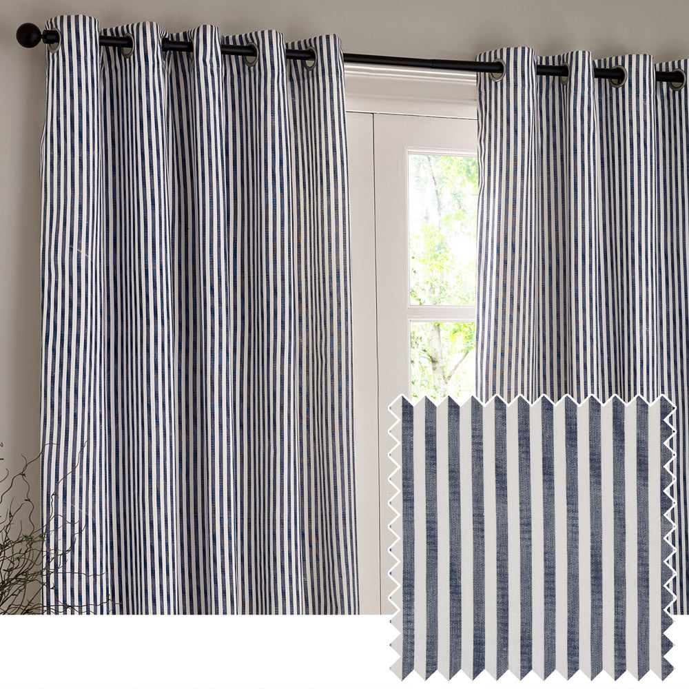 Hebden Striped 100% Cotton Lined Eyelet Curtains Navy
