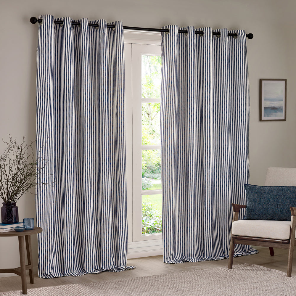 Hebden Striped 100% Cotton Lined Eyelet Curtains Navy