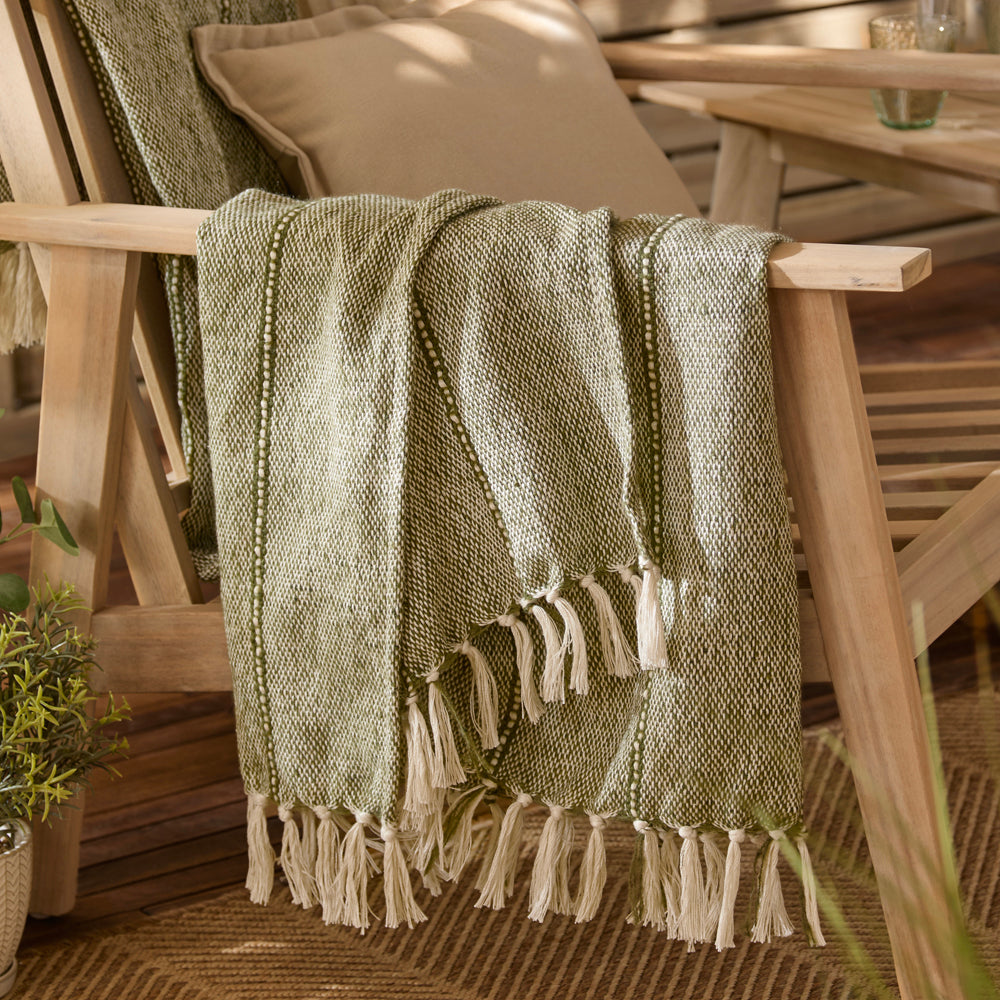 Striped Green Throws - Hedon Woven Indoor/Outdoor  Throw Moss Yard