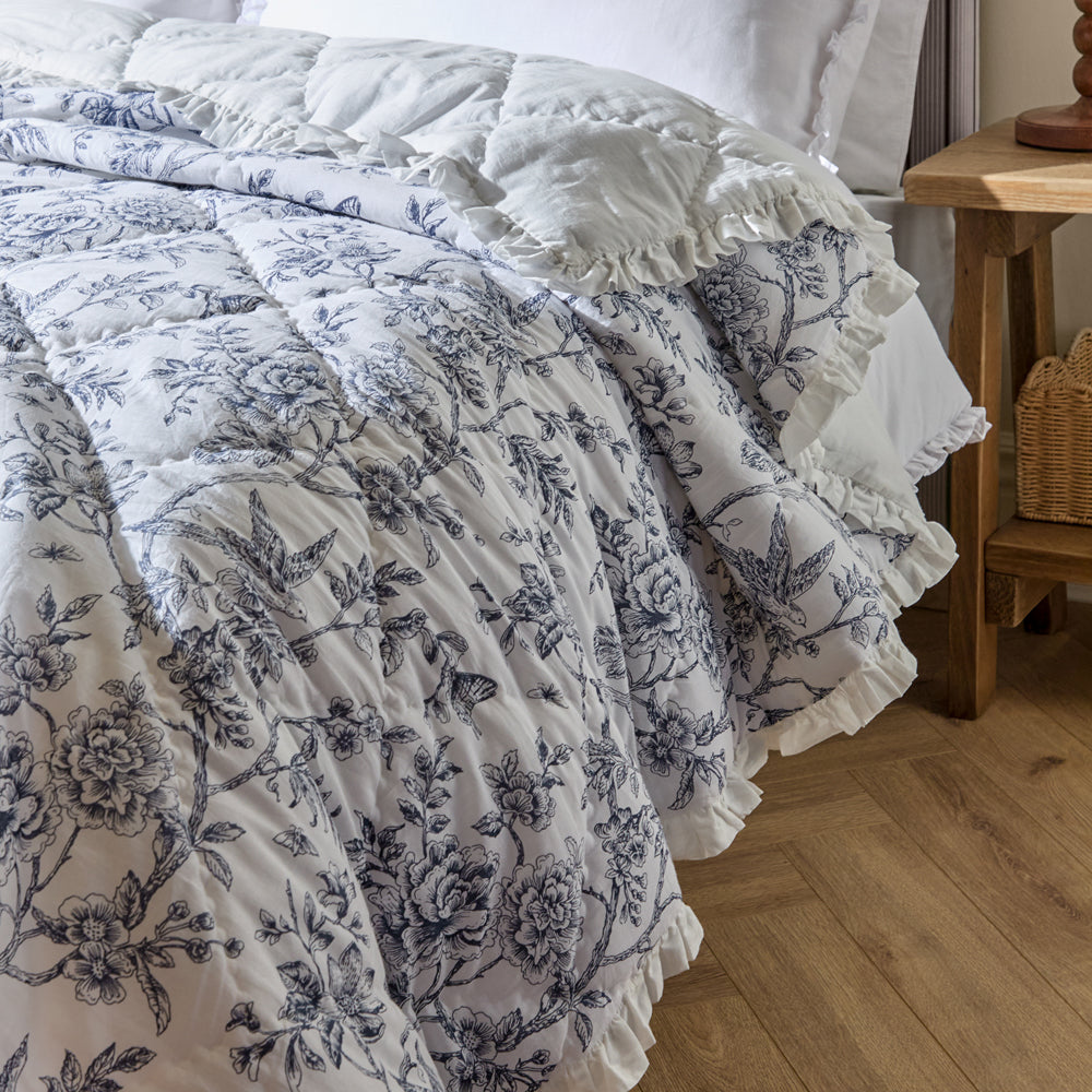 Hermione Ruffled Cotton Bedspread Ivory/Blue