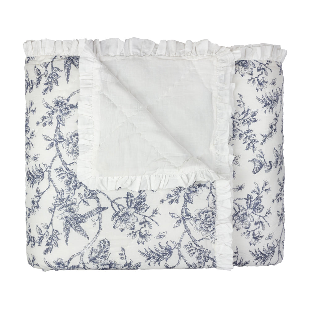 Hermione Ruffled Cotton Bedspread Ivory/Blue