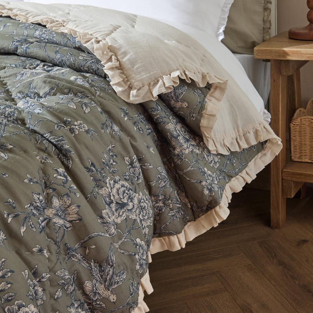 Hermione Ruffled Cotton Bedspread Moss
