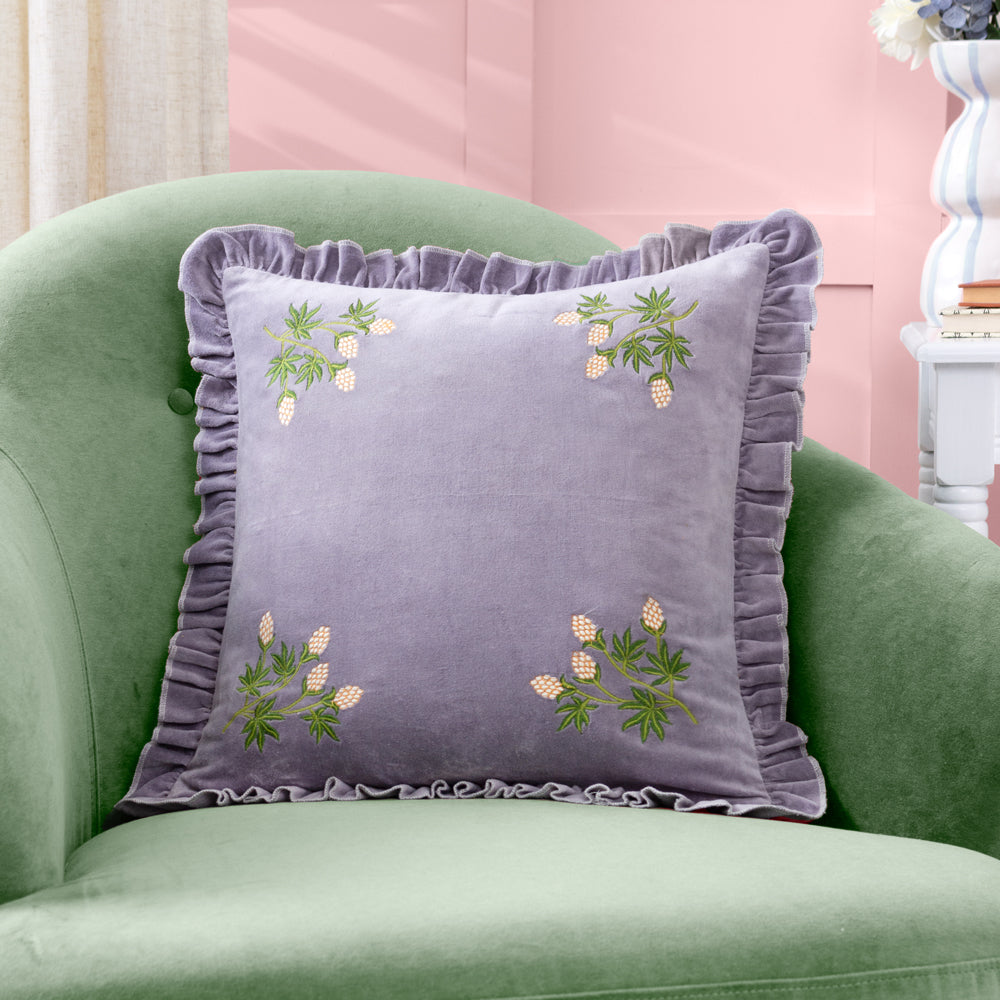 Hettie Purple Embroidered Velvet Cushion Cover Lilac Cushions furn. furn