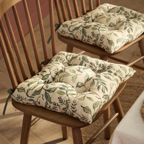 Floral Green Cushions - Herb Garden 2 Pack 100% Slub Cotton Seat Pads Green Wylder