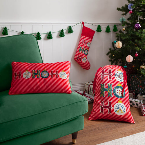 Striped Red Accessories - Ho Ho Ho Printed Velvet Xmas Stocking Red furn.