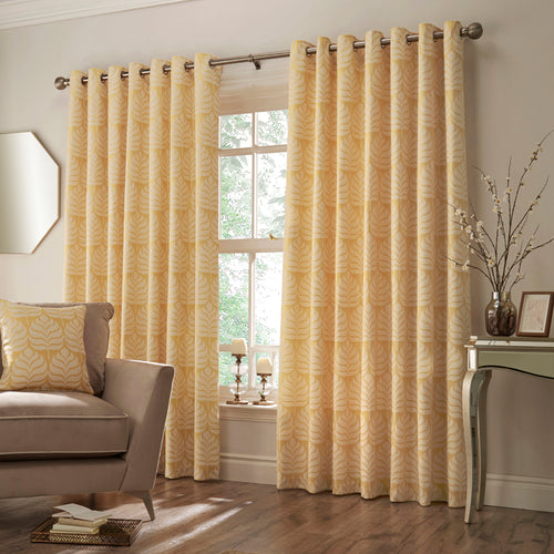 Floral Yellow Curtains - Horto Botanical Eyelet Curtains Ochre Paoletti