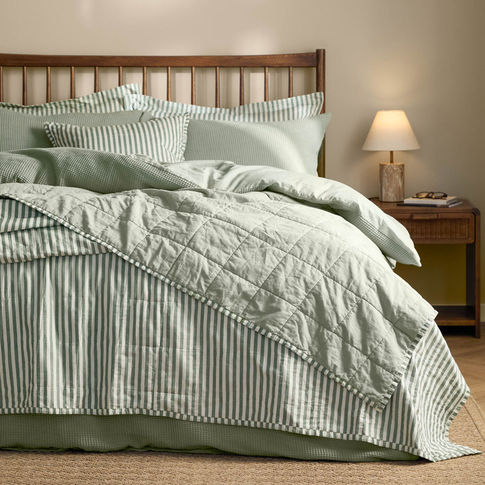 Striped Green Bedding - Hebden Quilted Stripe 100% Cotton Bedspread Forest/Bay Green Yard