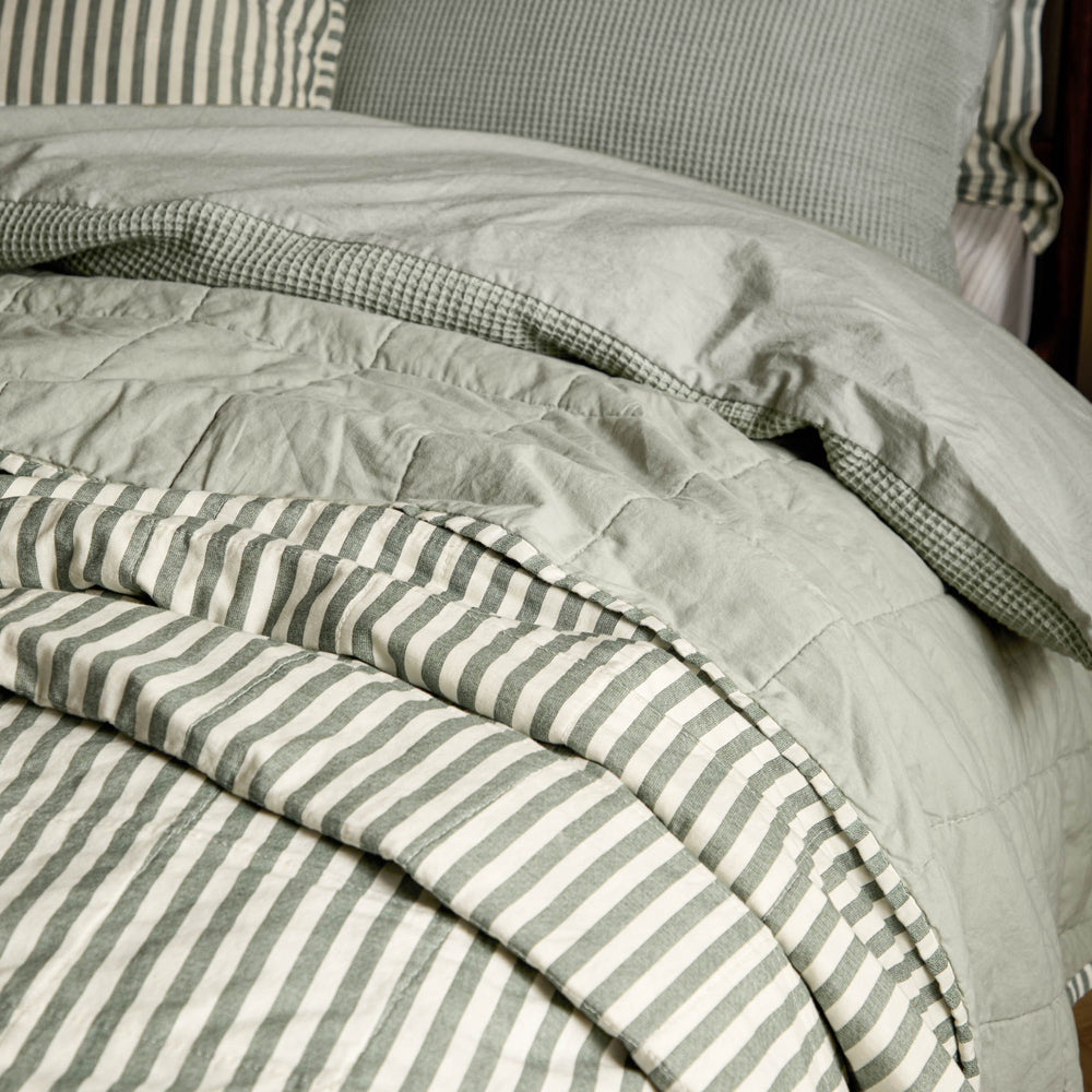 Hebden Quilted Stripe 100% Cotton Bedspread Forest/Bay Green