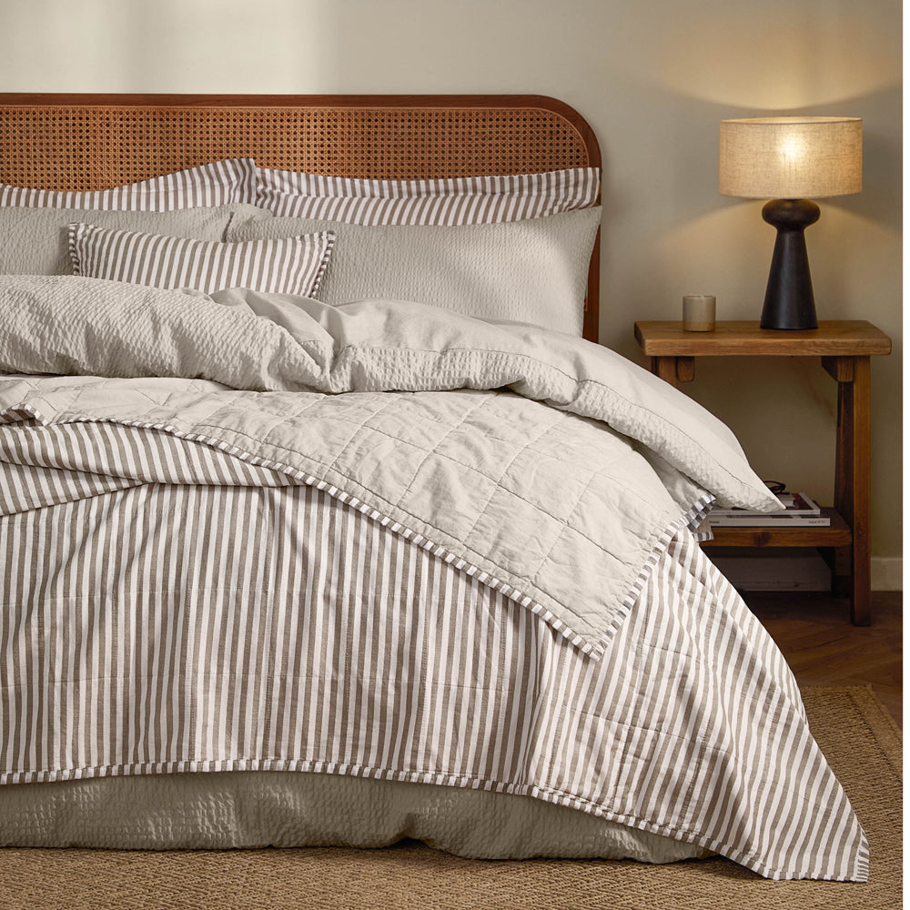 Striped Brown Bedding - Hebden Quilted Stripe 100% Cotton Bedspread Mole/Stone Yard