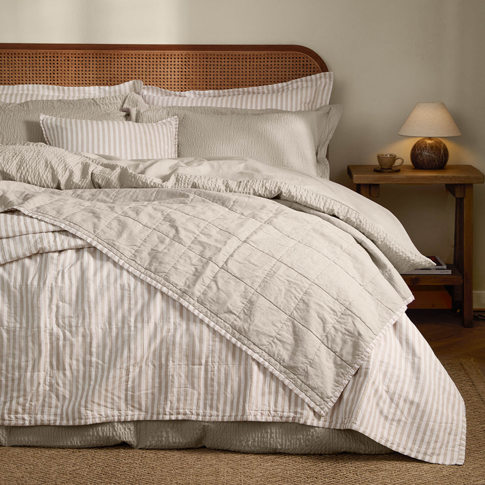 Striped Beige Bedding - Hebden Quilted Stripe 100% Cotton Bedspread Natural/Stone Yard