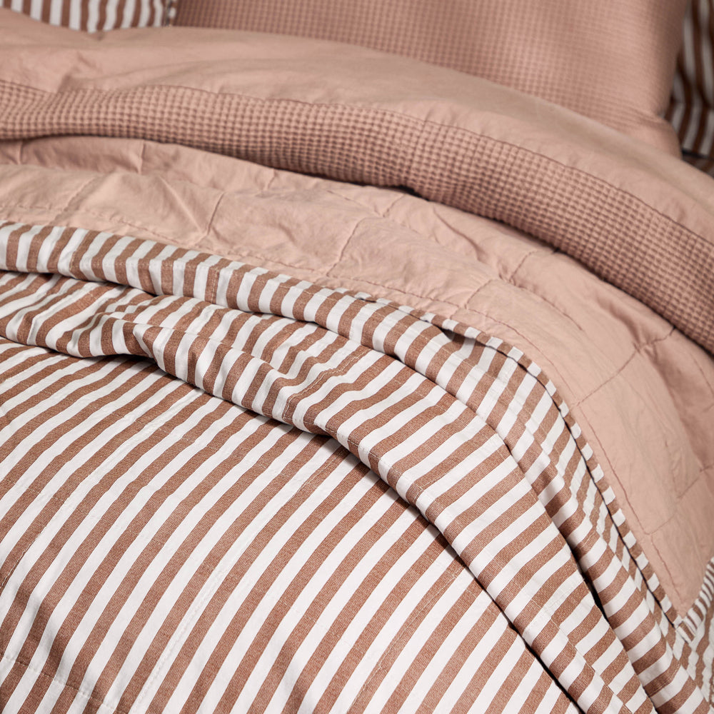 Hebden Quilted Stripe 100% Cotton Bedspread Pecan/Cotta