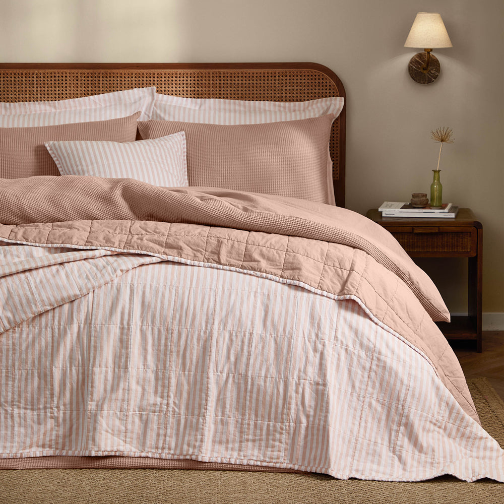 Hebden Quilted Stripe 100% Cotton Bedspread Blush/Cotta