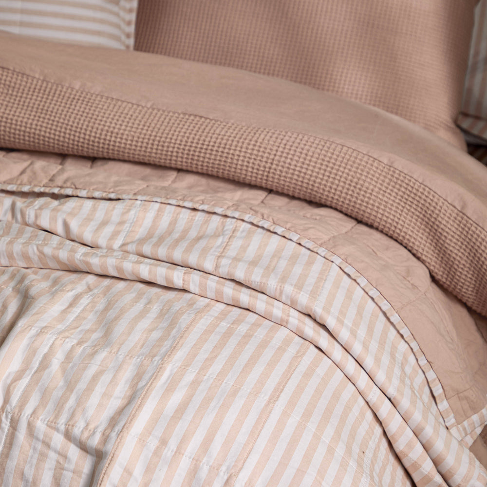 Hebden Quilted Stripe 100% Cotton Bedspread Blush/Cotta