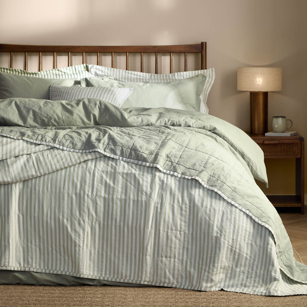 Hebden Quilted Stripe 100% Cotton Bedspread Eucalyptus/Bay Green