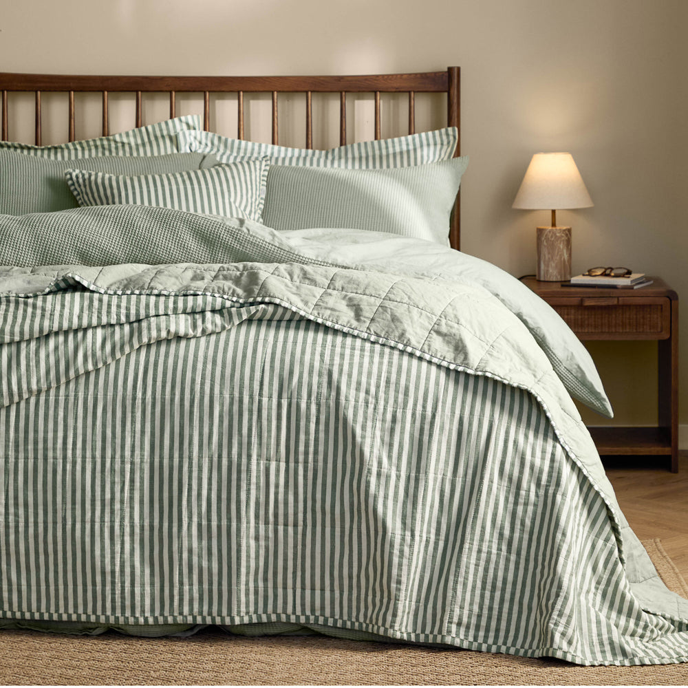 Hebden Quilted Stripe 100% Cotton Bedspread Forest/Bay Green