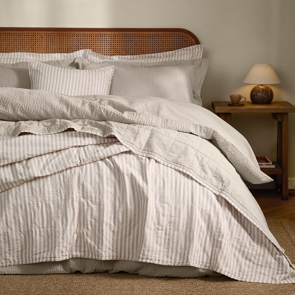 Hebden Quilted Stripe 100% Cotton Bedspread Natural/Stone