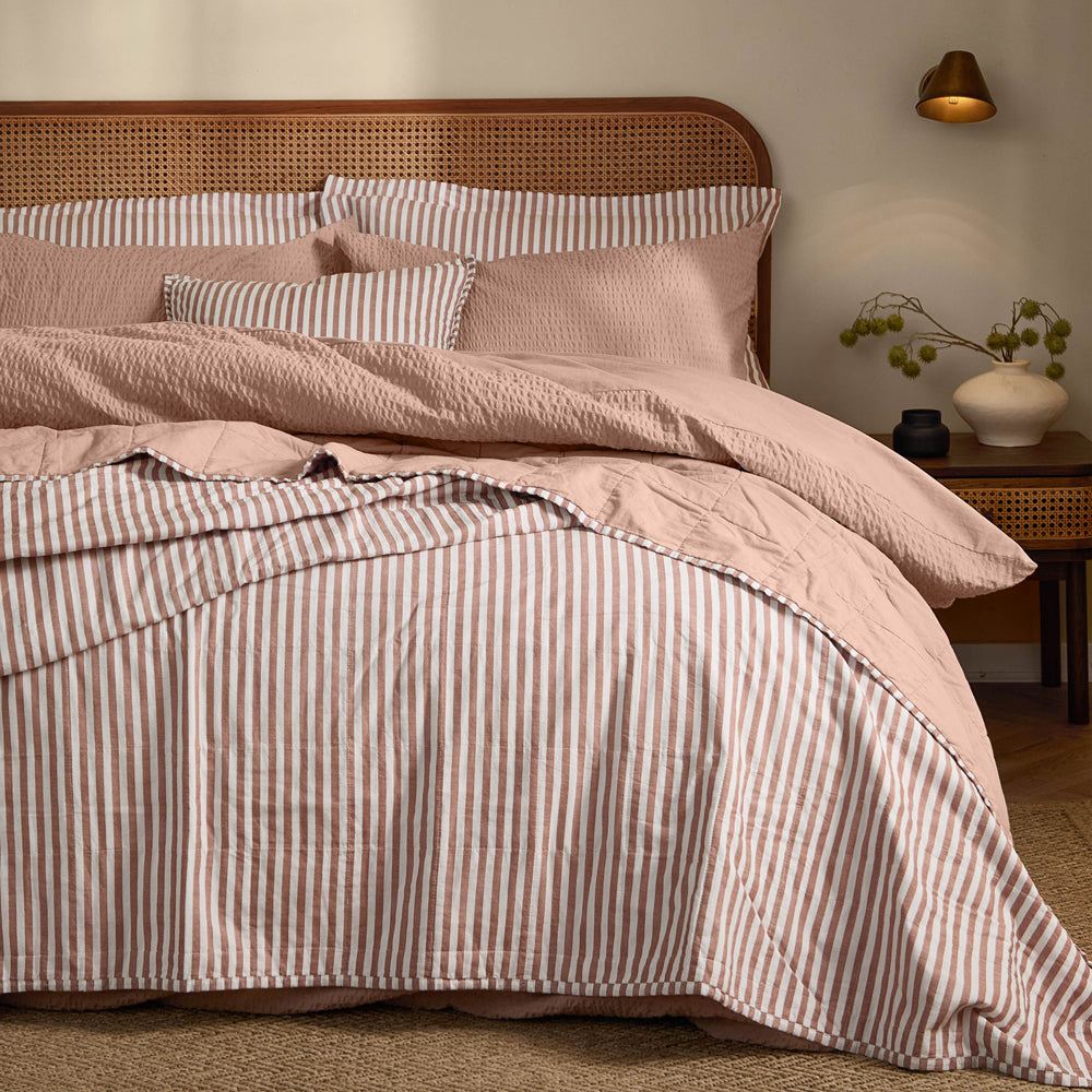 Hebden Quilted Stripe 100% Cotton Bedspread Pecan/Cotta