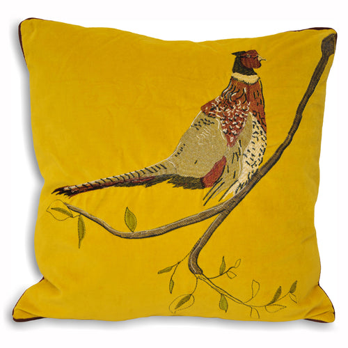 Animal Yellow Cushions - Hunter Velvet Pheasant Cushion Cover Mustard Paoletti